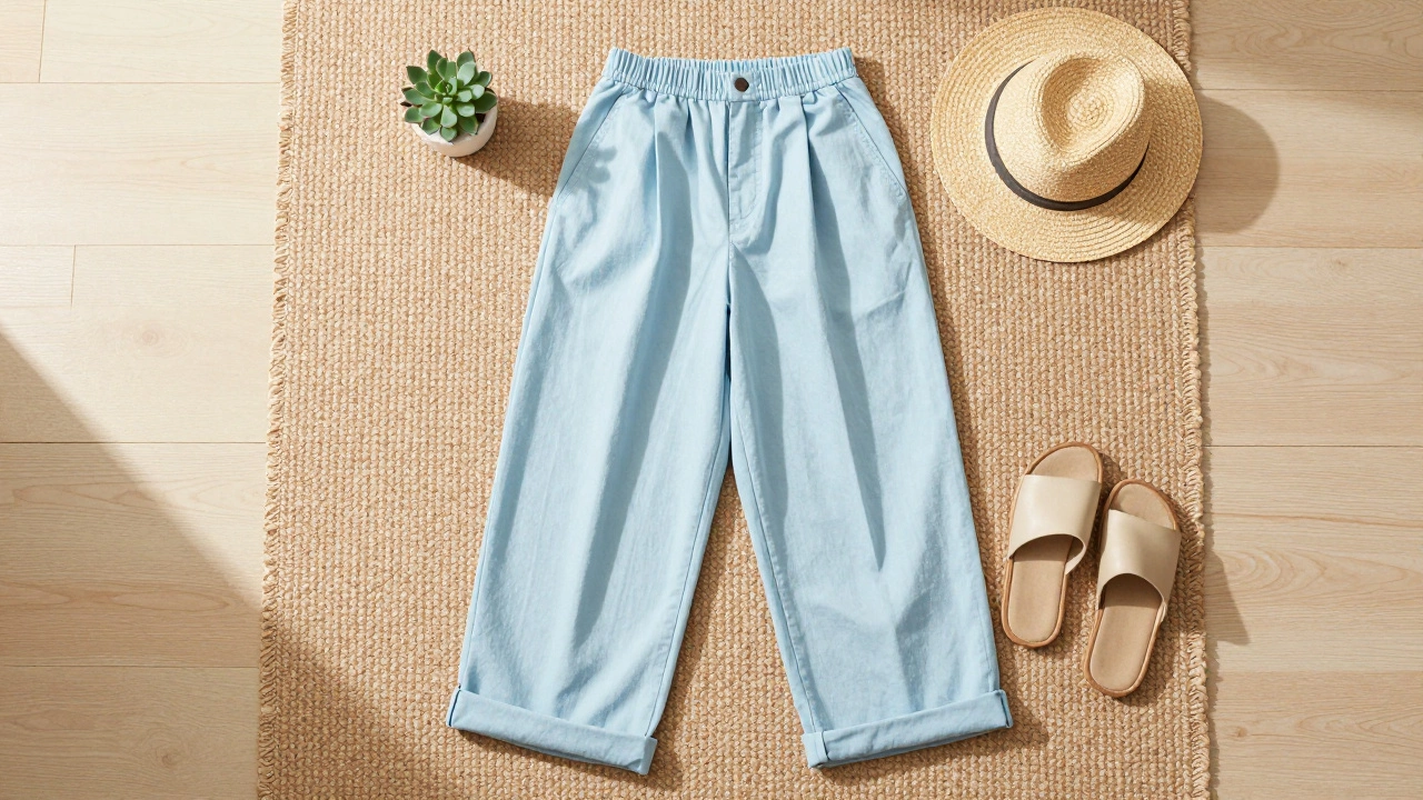 Flat lay of wide-leg pastel trousers and leather sandals