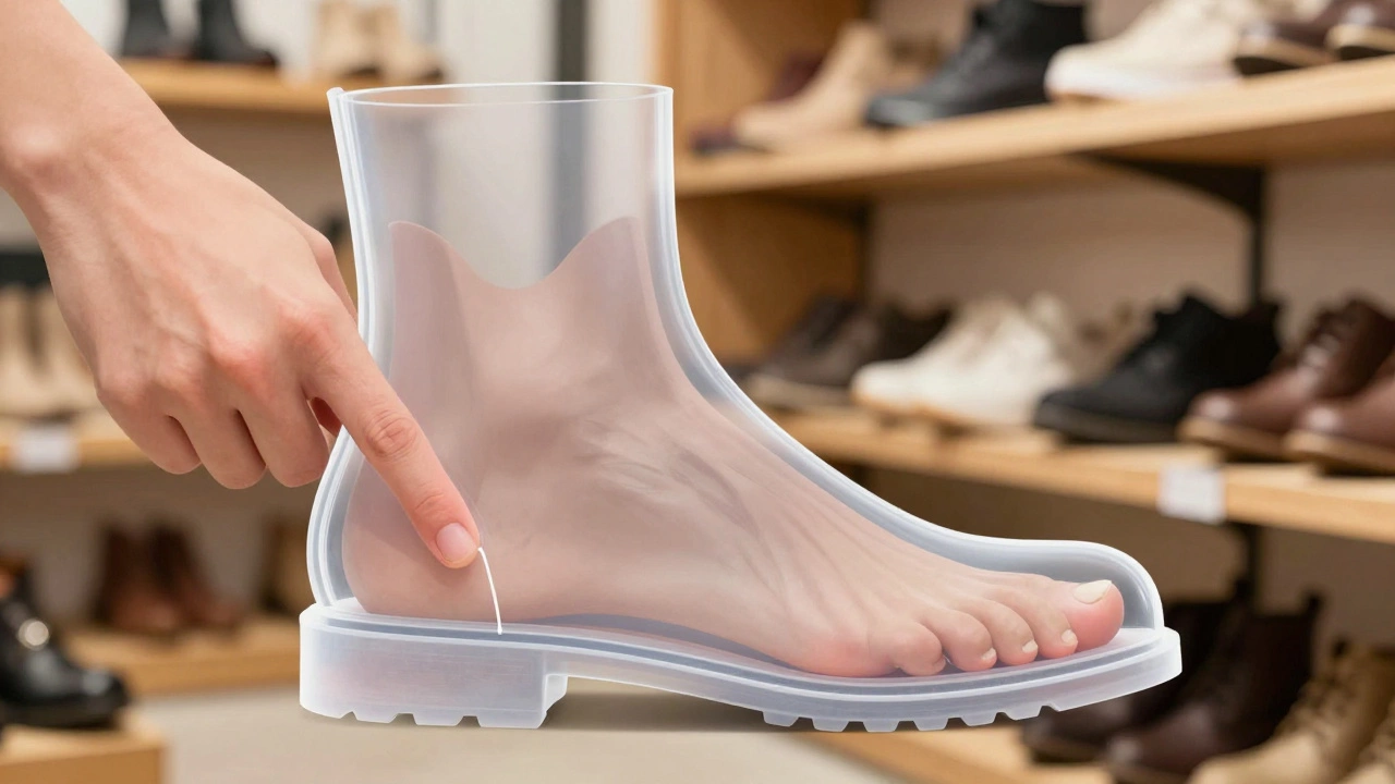 Foot in boot with pinky finger showing fit space