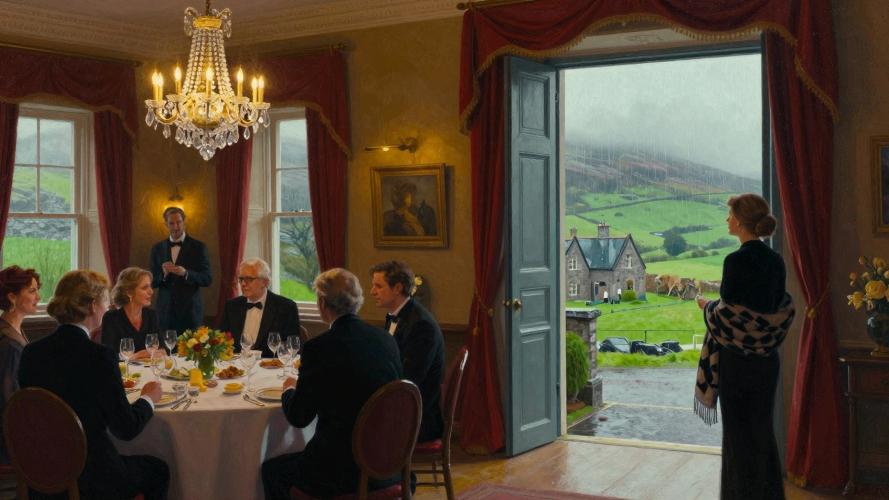 Formal guests in a castle hall looking out at misty Irish countryside