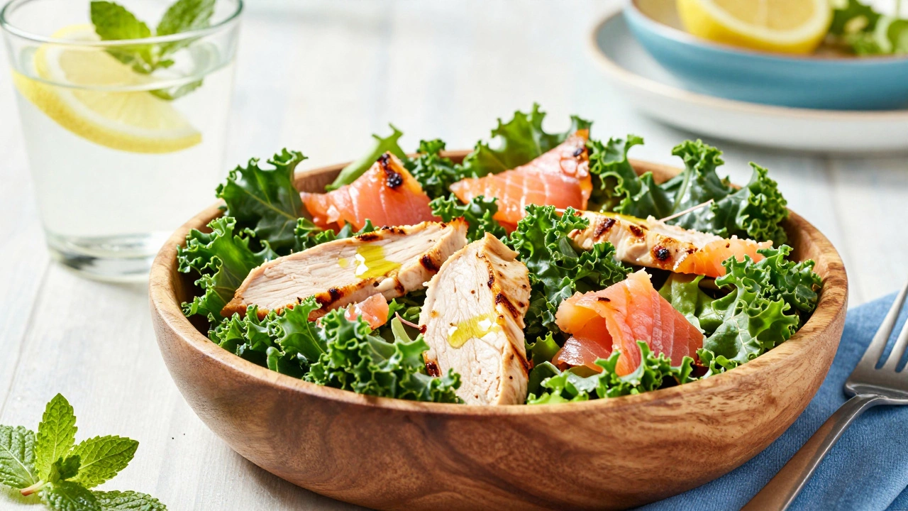 Fresh salad with chicken and smoked salmon next to a glass of water