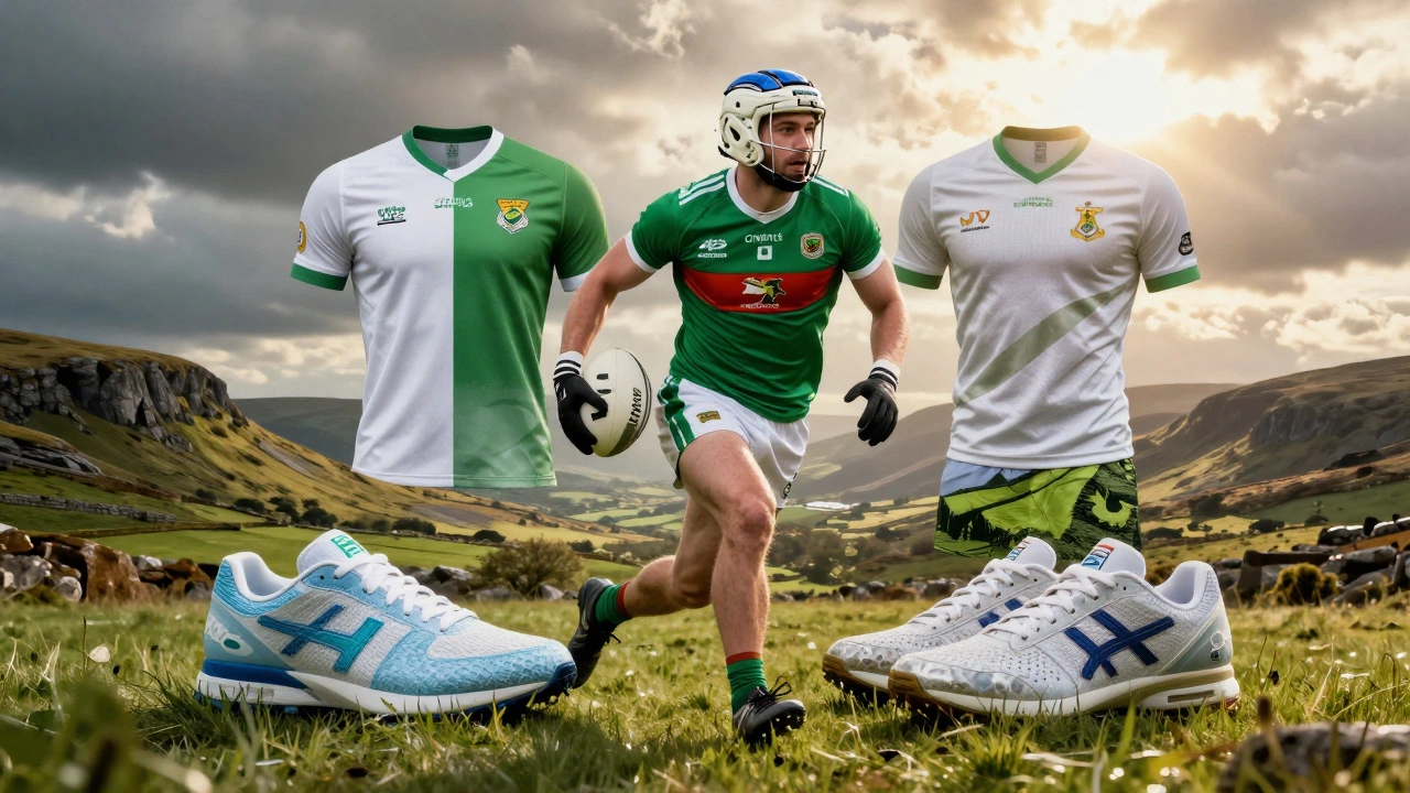Gaelic footballer surrounded by sustainable fashion and Irish nature