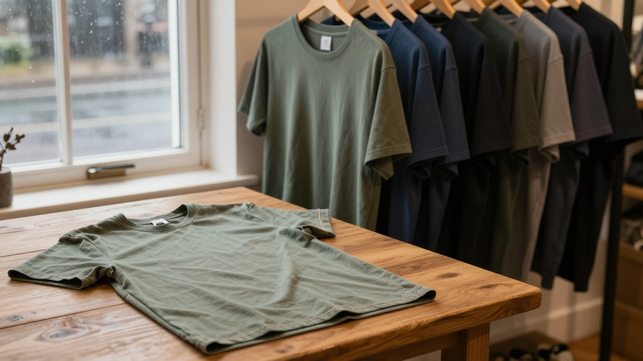 Garment-dyed t-shirts on rack with focus on quality seams