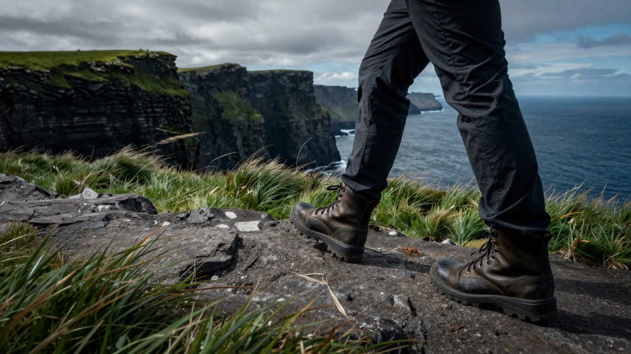 Hiker's boots on rocky cliffside terrain