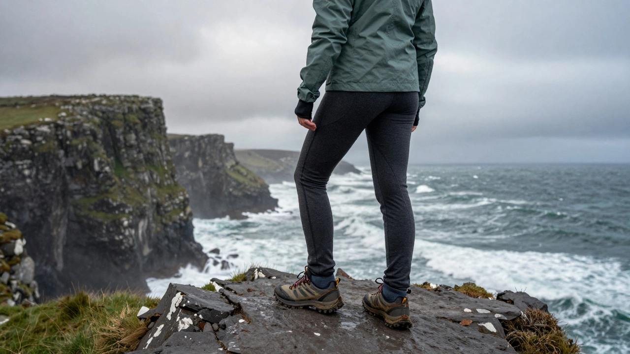Hiker in weather-resistant gear standing on a windy Irish cliff overlooking the sea