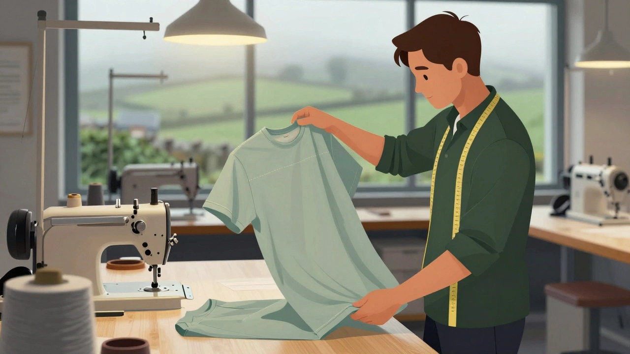 Irish artisan inspecting a high-quality cotton t-shirt in a workshop setting.