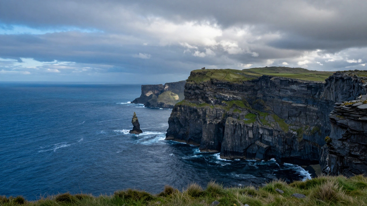 Irish ocean and cliffs mirroring suit colors