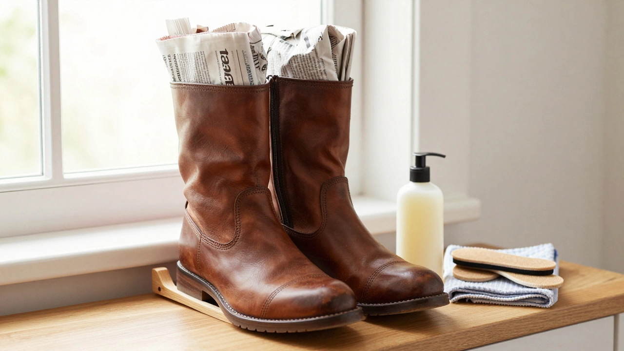 Leather boots stuffed with newspaper drying next to care products