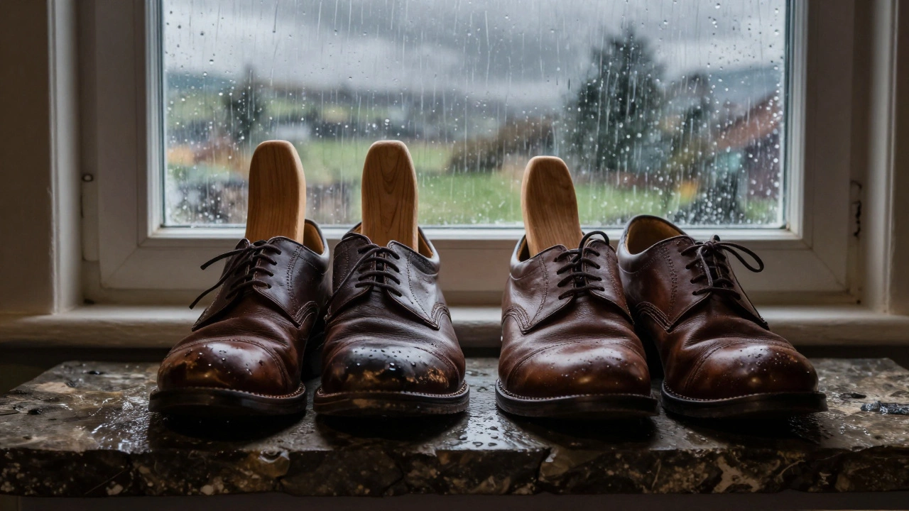 Leather shoes with cedar trees drying by a window during rainy weather