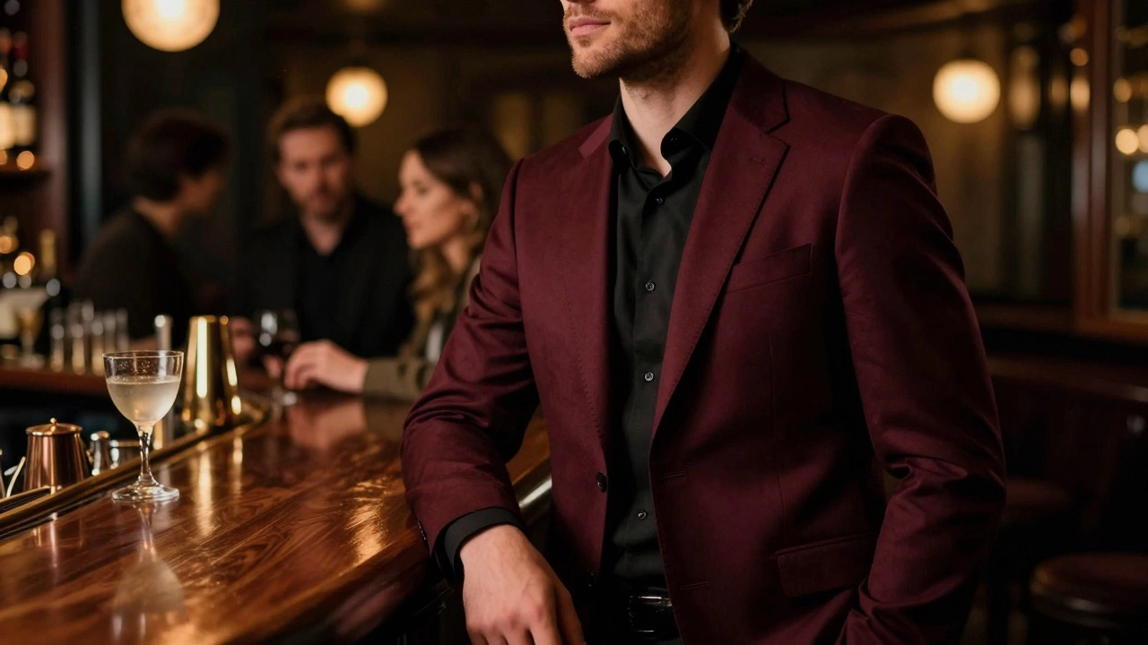 Man in burgundy blazer at dimly lit Dublin cocktail bar
