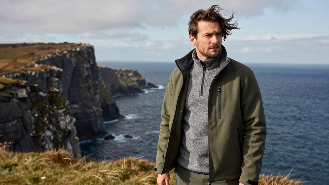 Man in fleece and softshell jacket on windy Irish cliffside