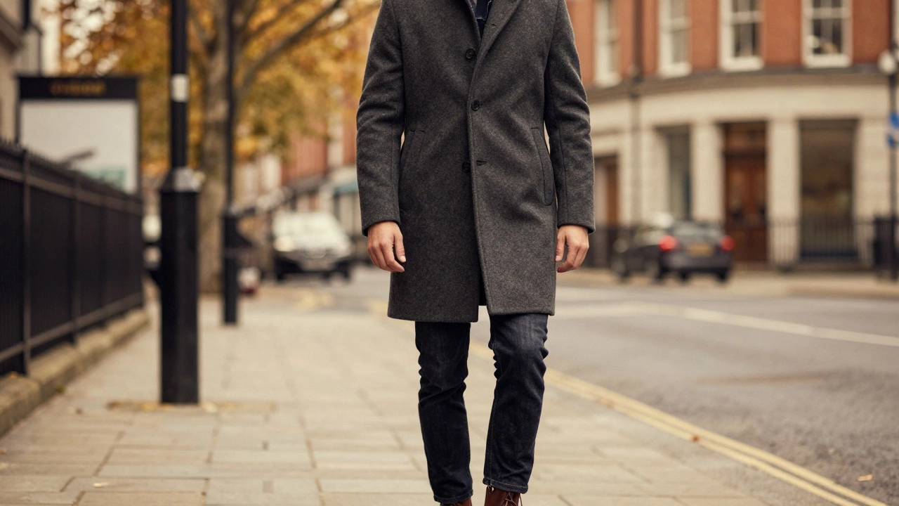 Man in tailored wool overcoat standing on elegant city street