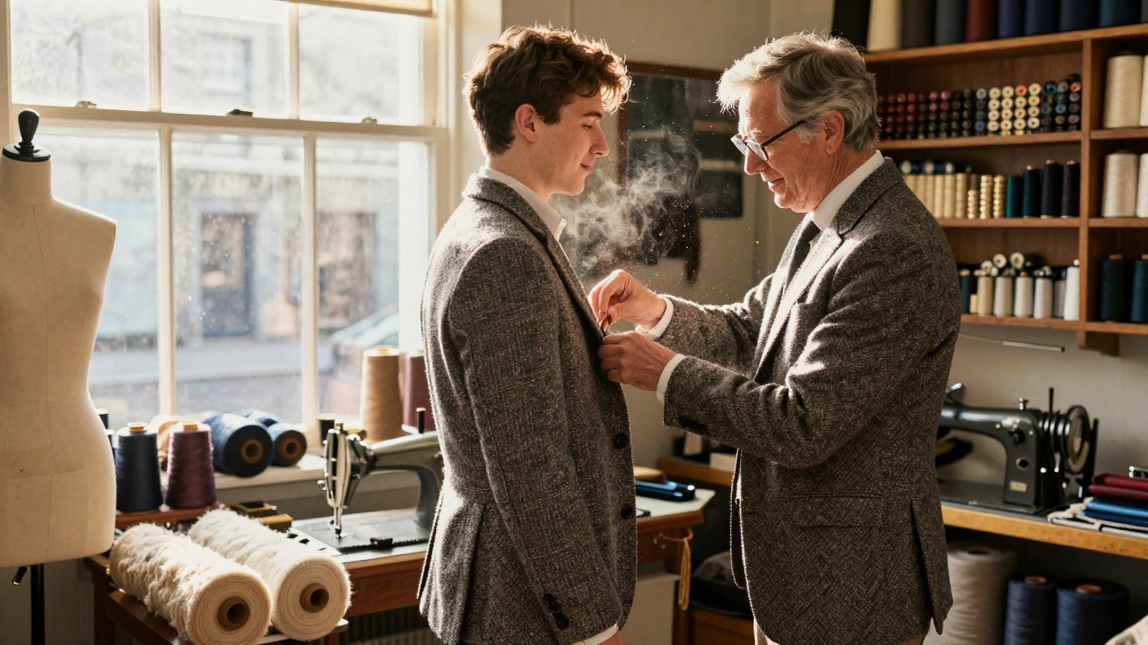 Master tailor adjusting a tweed jacket for a client in a warm, traditional Irish haberdashery.