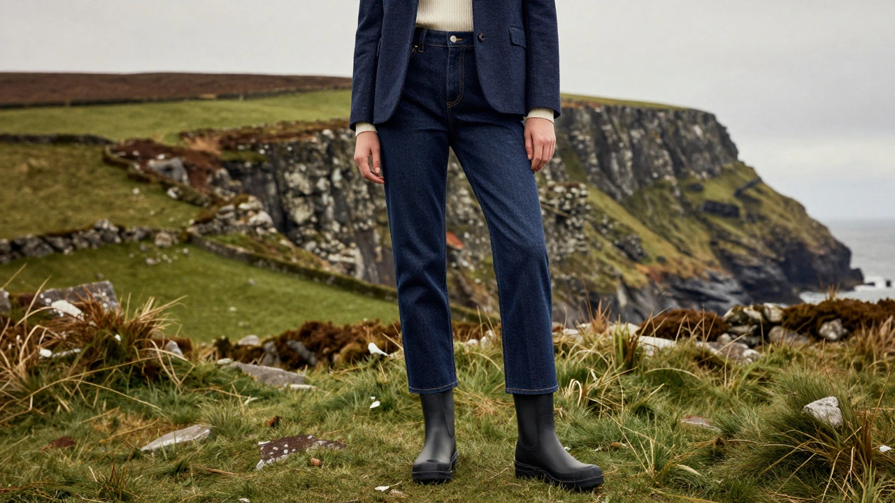 Model in straight-leg jeans and blazer against Irish countryside