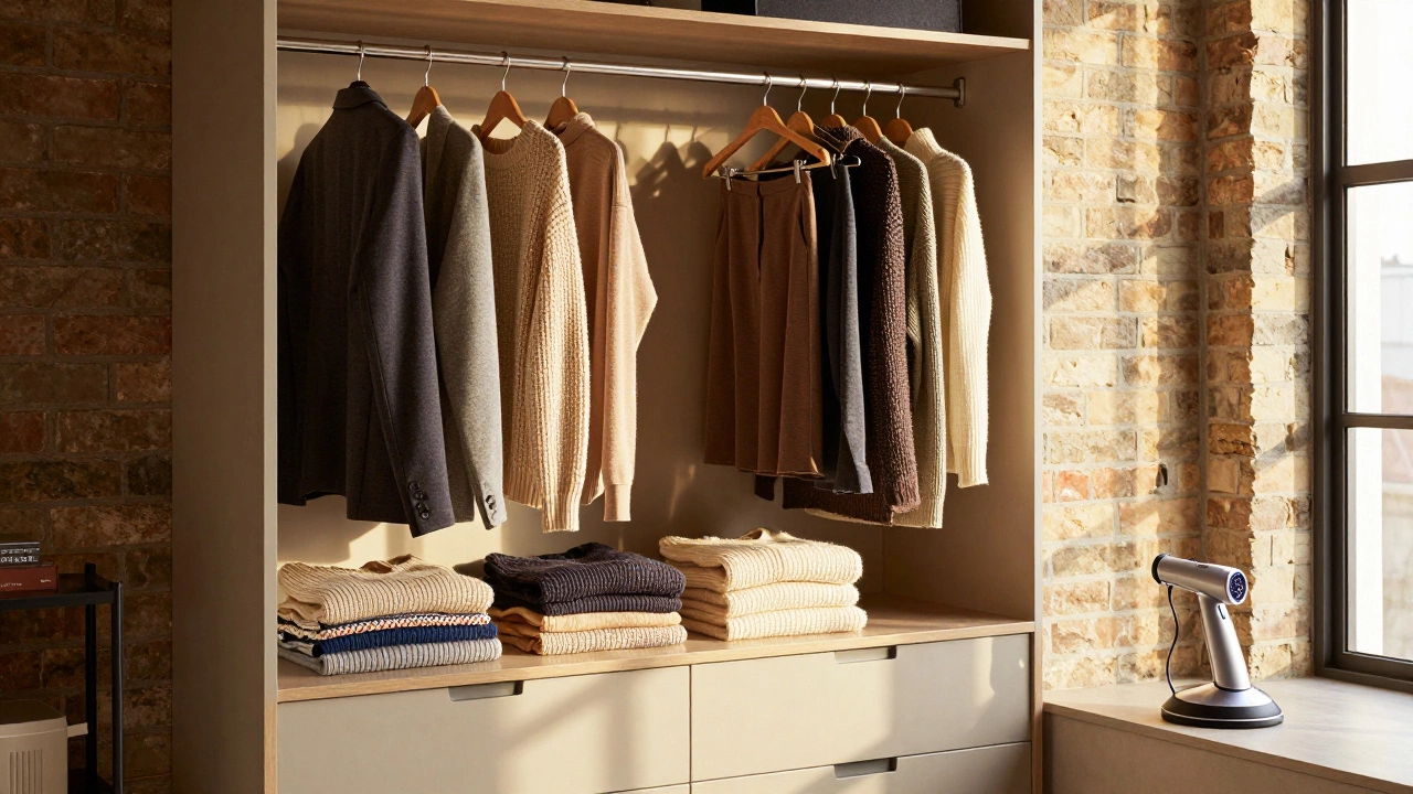 Organized closet with hung trousers and folded knits in apartment