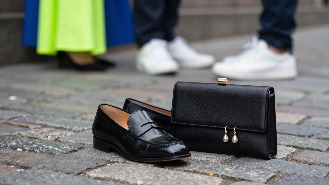 Polished shoes and subtle jewelry displayed against cobblestones, avoiding neon