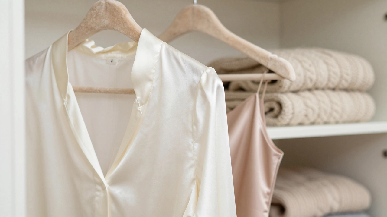 Silk blouse and satin dress hanging on velvet hangers in wardrobe