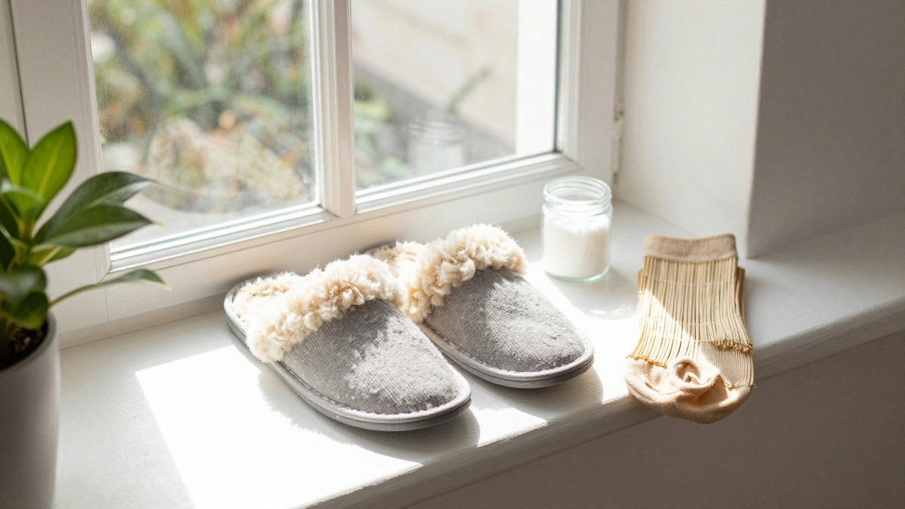 Slippers airing out by a sunny window with baking soda and socks