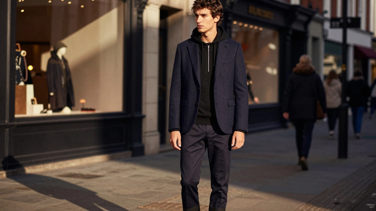 Smart casual outfit with hoodie and blazer