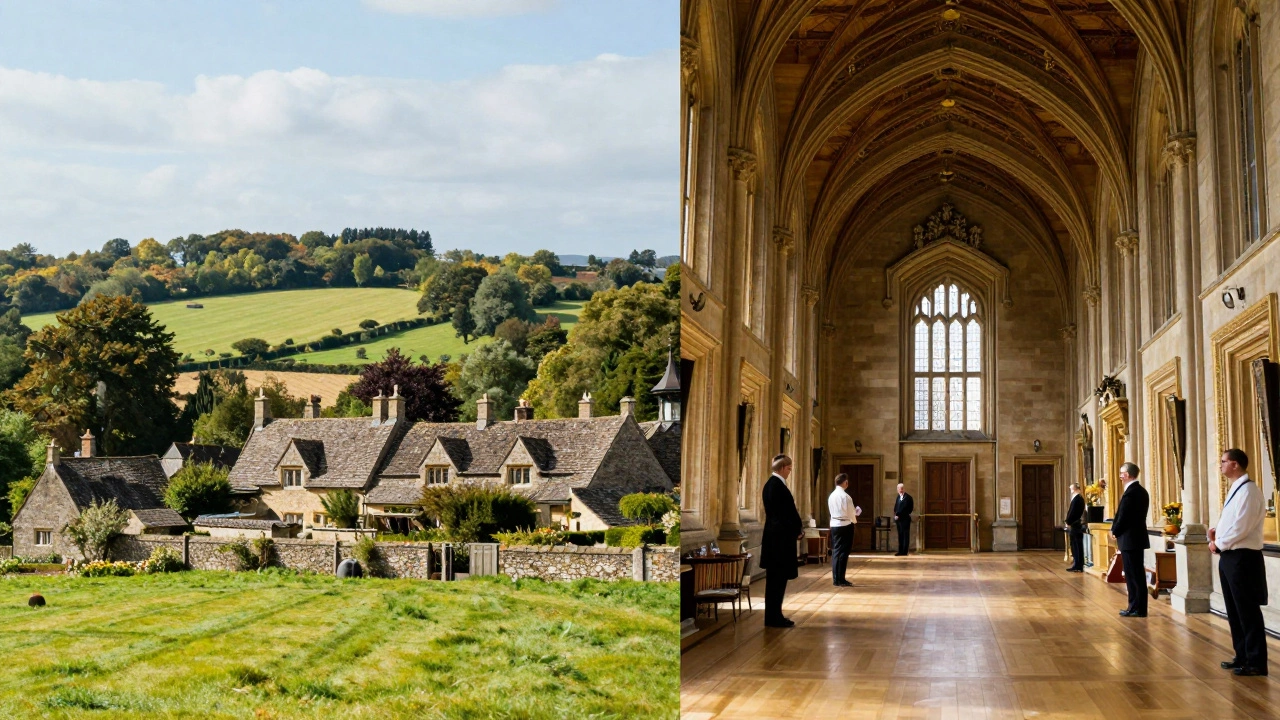 Split image showing rural Duchy lands and formal royal palace interiors