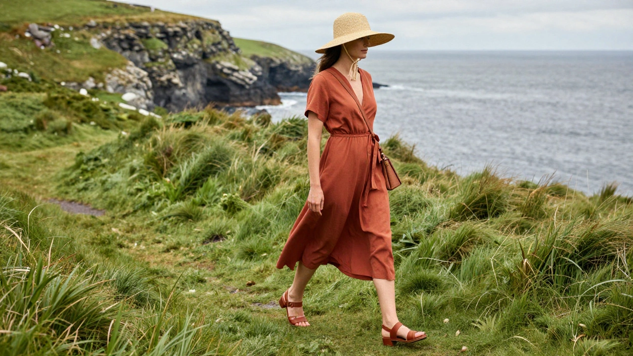 Stylish woman in midi dress and straw hat by Irish coast