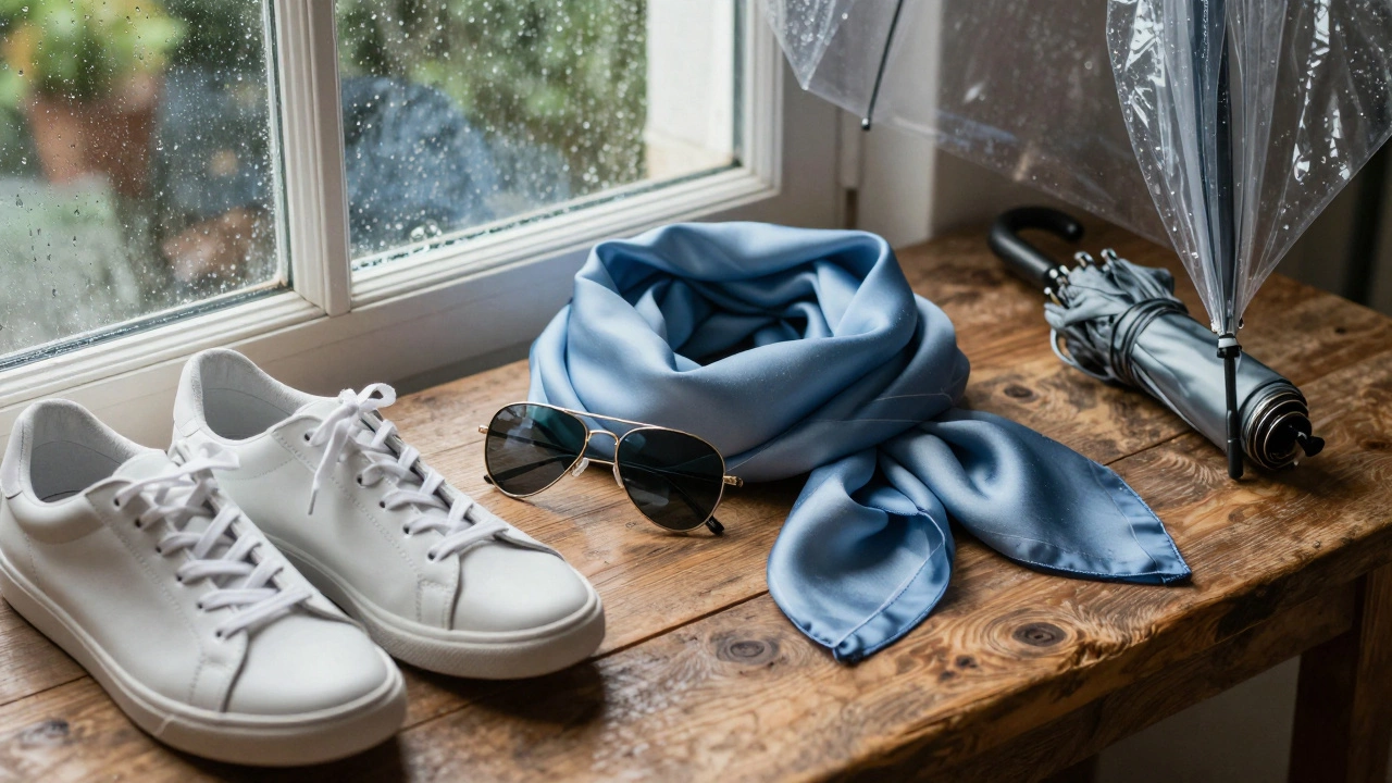 Summer accessories including sunglasses and umbrella on table