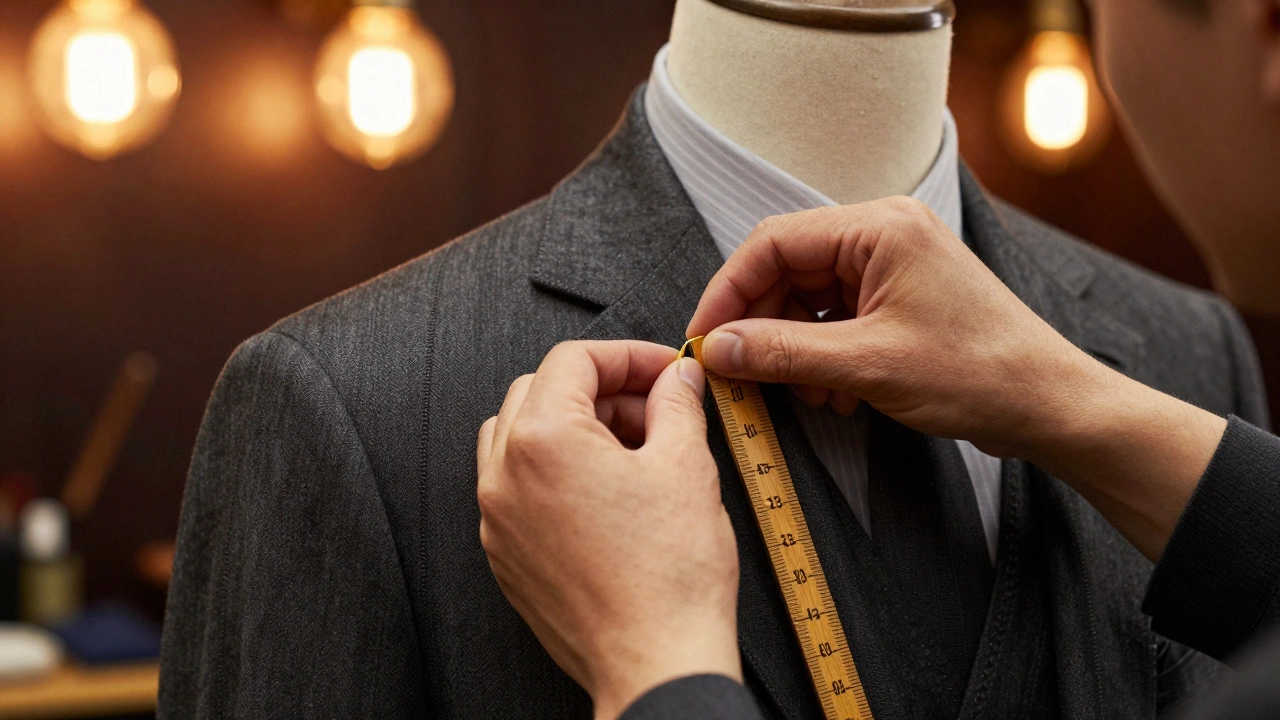 Tailor adjusting charcoal suit in workshop