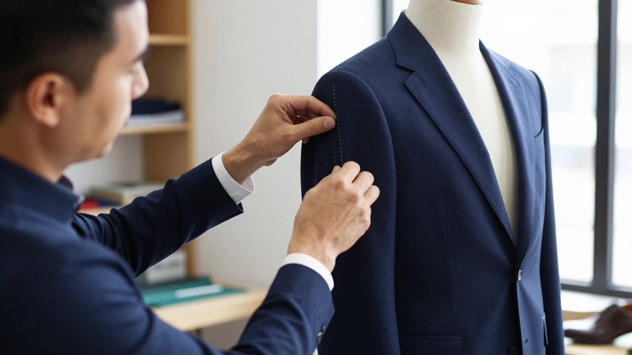 Tailor adjusting the perfect fit of a navy wool suit on a mannequin