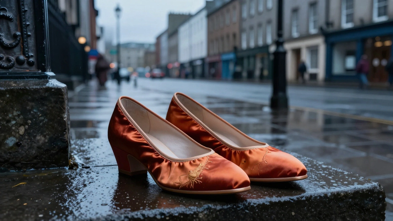 Traditional pointed-toe shoes on a wet Dublin street step