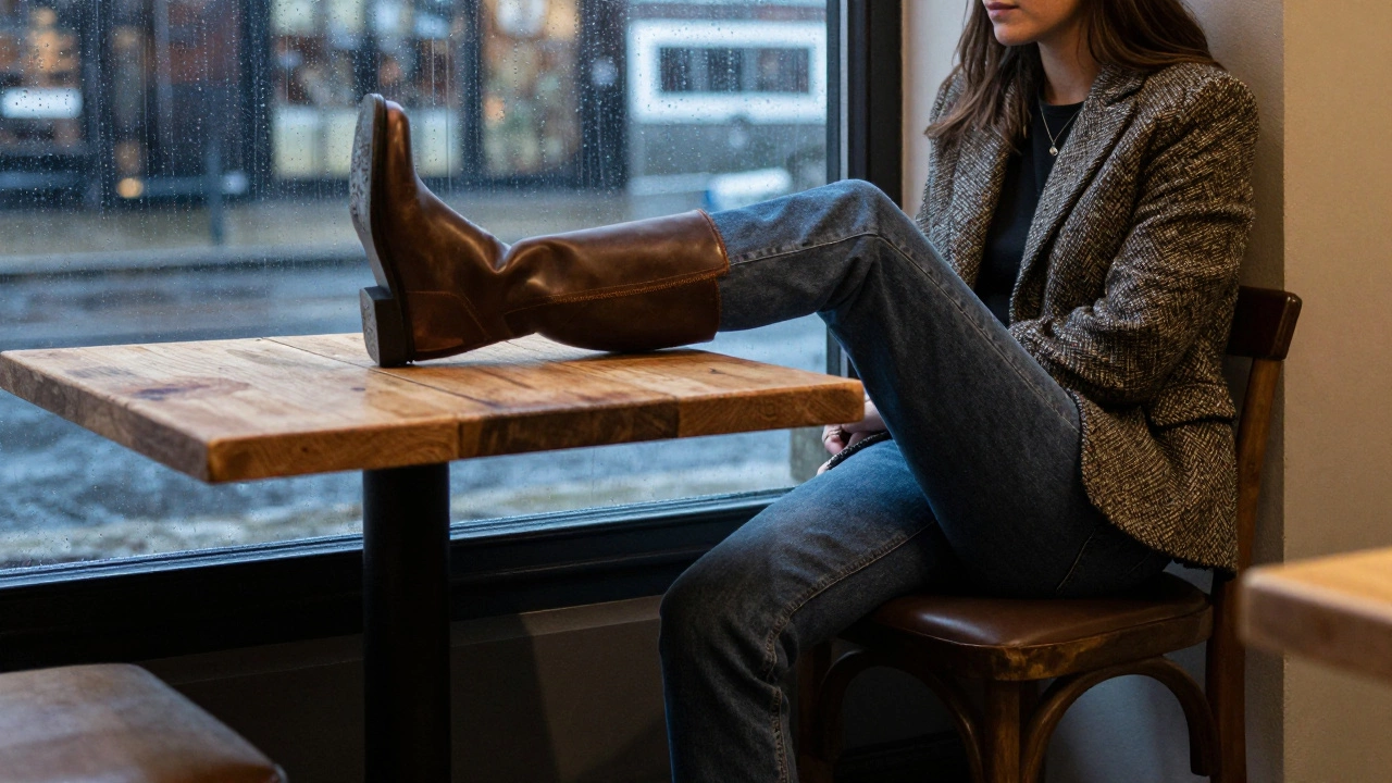 Woman in tweed jacket and square-toe boots relaxing in a rainy Dublin cafe.