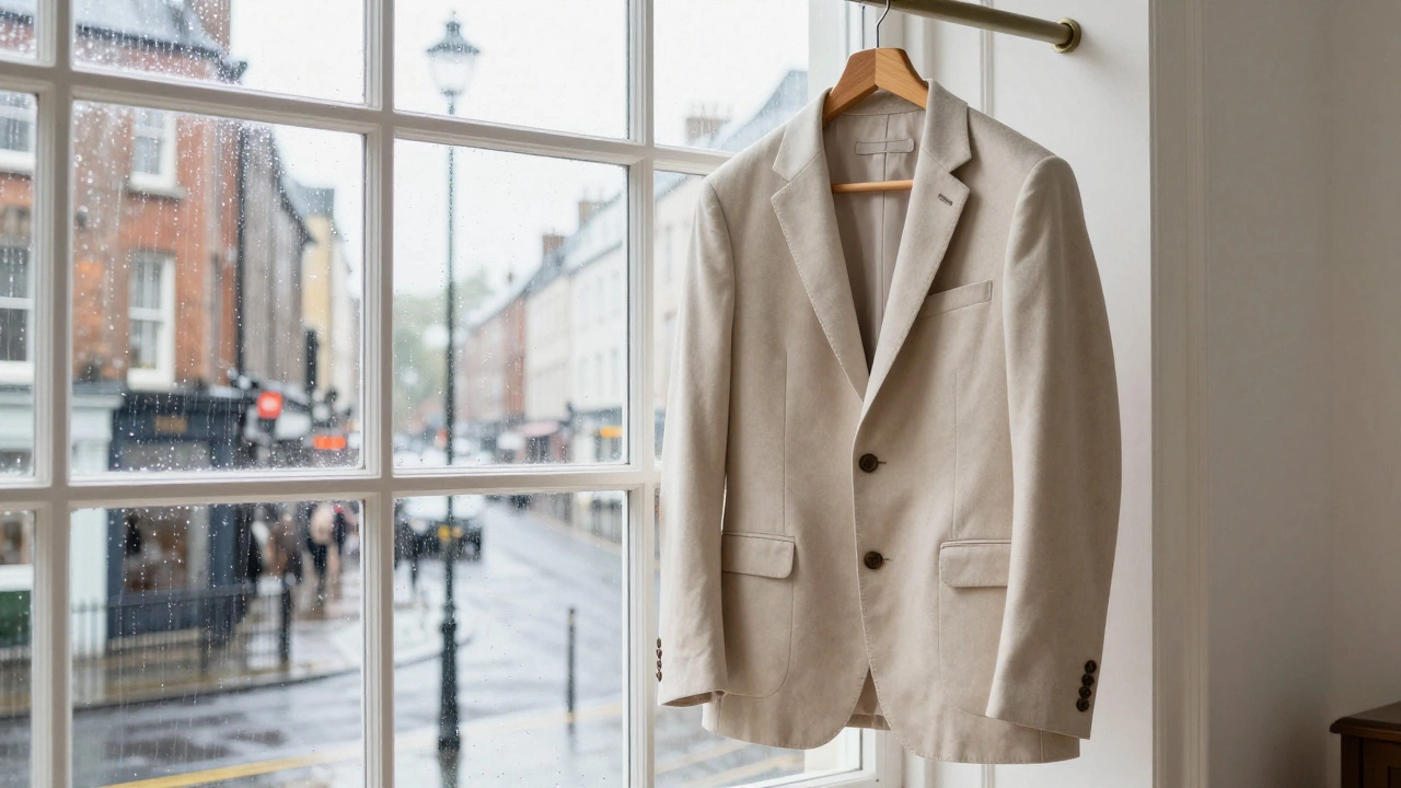 Wool suit on wooden hanger near window with rainy Dublin view