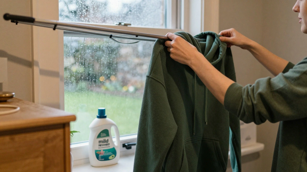 A hoodie being air-dried indoors near a rainy window