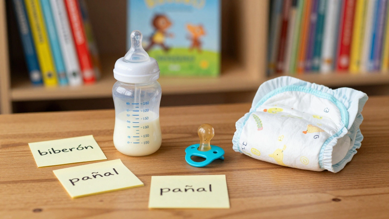 Baby items labeled with Spanish sticky notes on a table in a library
