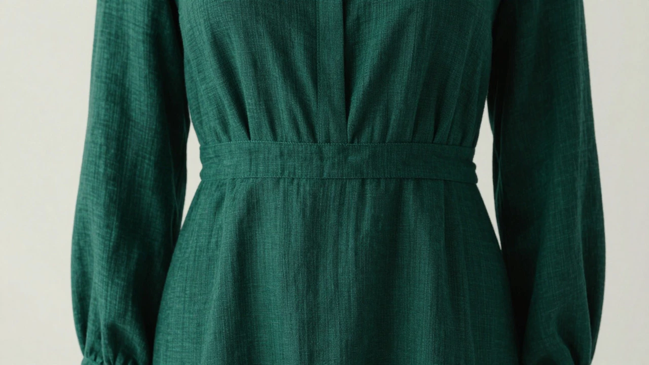 Close-up of emerald green empire waist linen dress