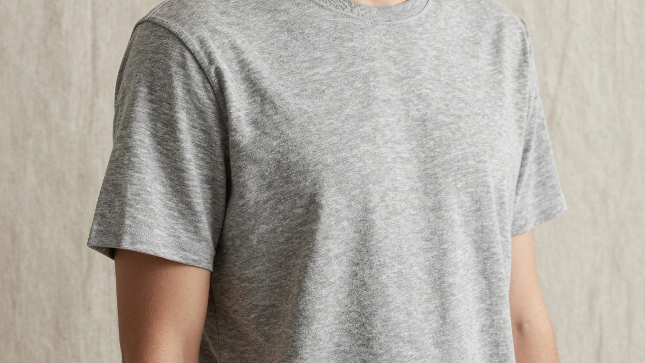 Close-up of grey boyfriend tee showing dropped shoulder detail