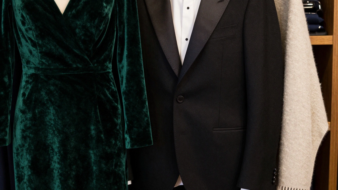 Close-up of velvet gown and wool tuxedo fabric textures in a tailor shop