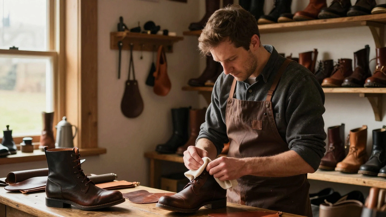 Cobbler applying conditioner to leather boots in workshop