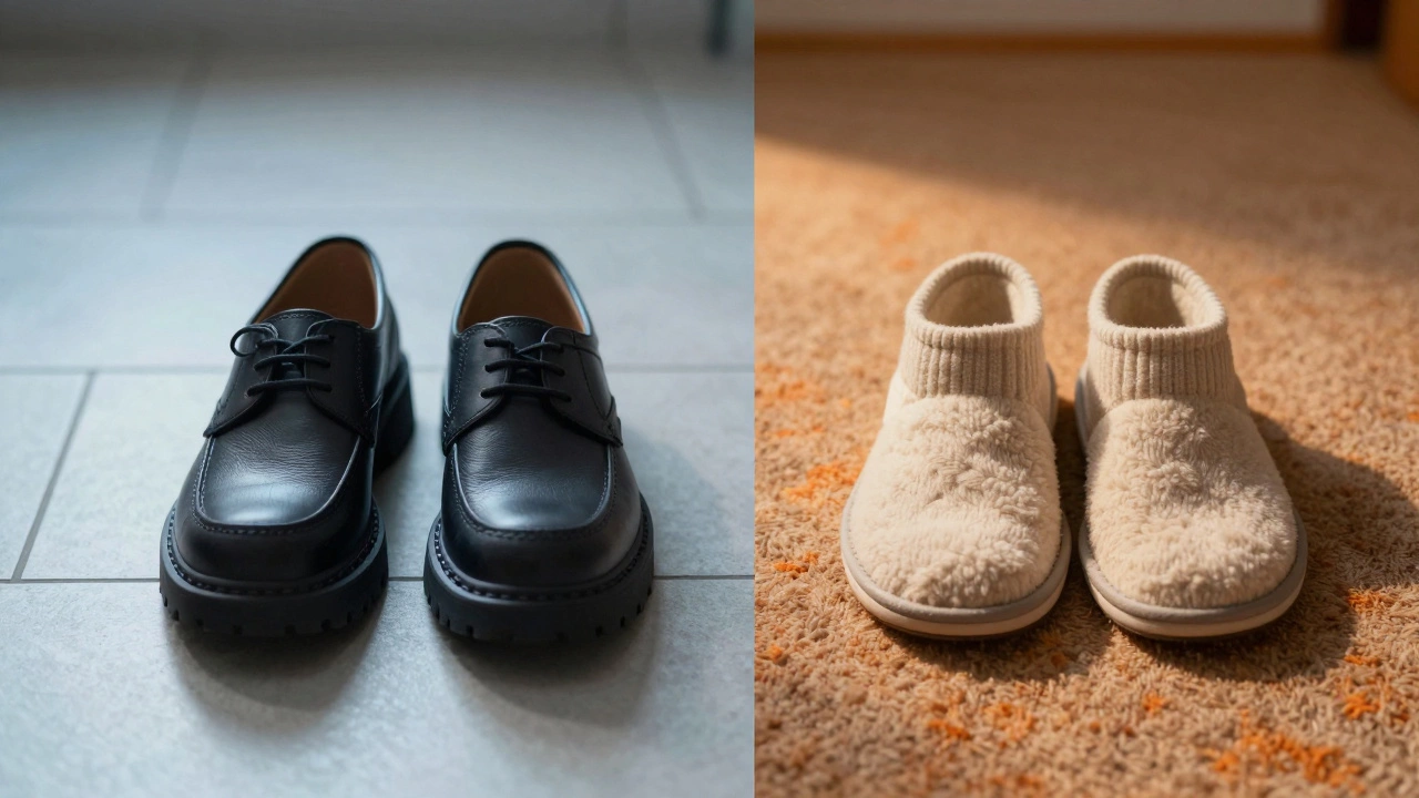 Comparison of British soled shoes and Irish soft slippers