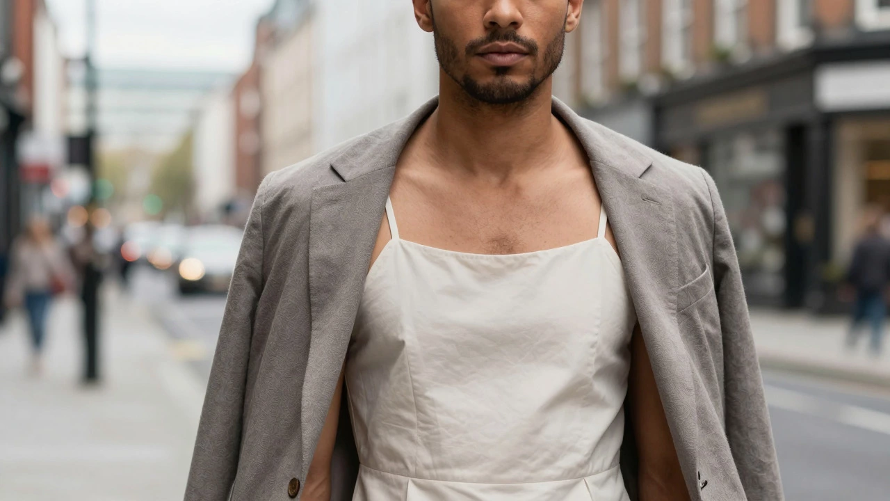 Confident man wearing stylish sundress outfit in urban Dublin