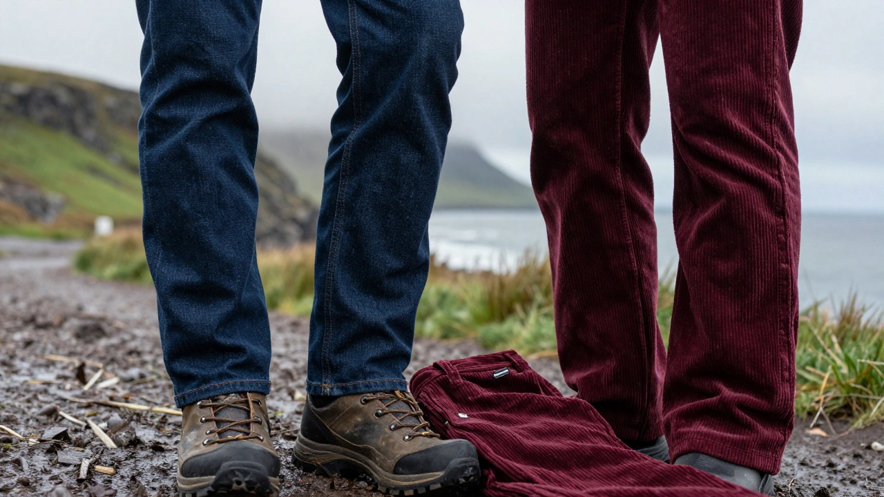 Dark denim and corduroy pants on muddy coastal terrain