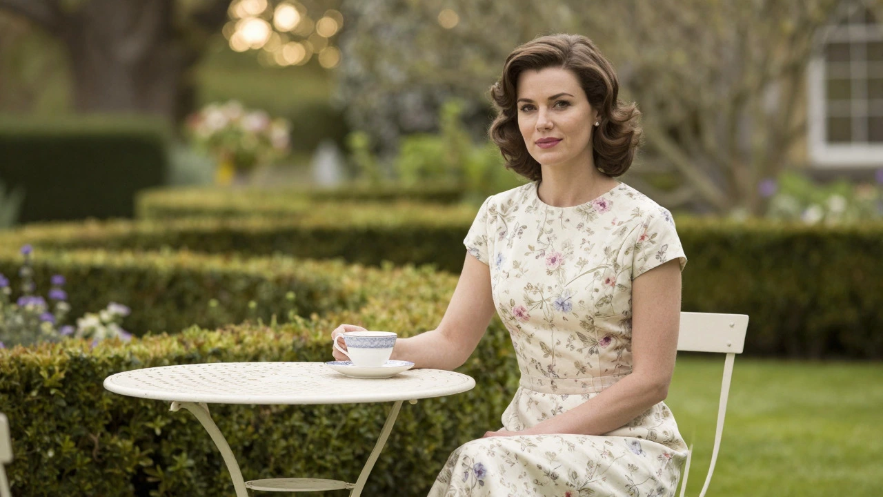 Elegant woman in a floral tea dress enjoying afternoon tea in a garden