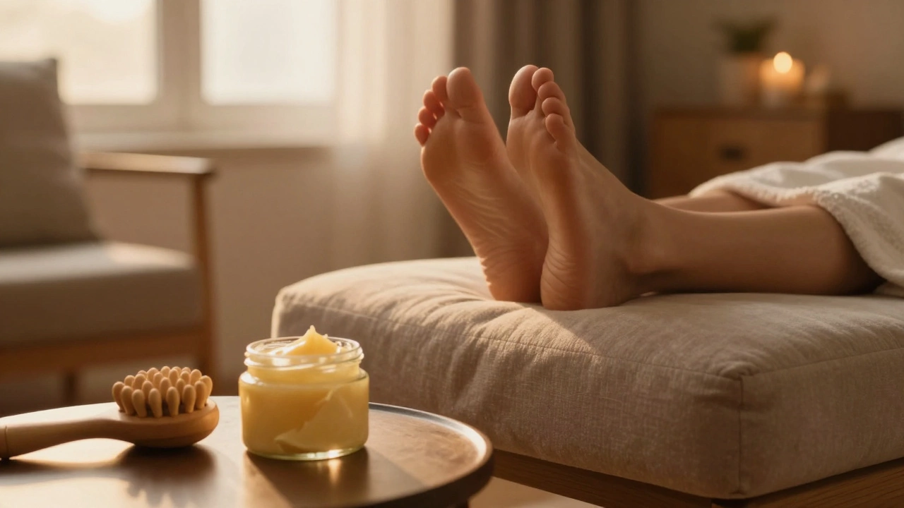 Elevated feet relaxing with moisturizer and massage tools