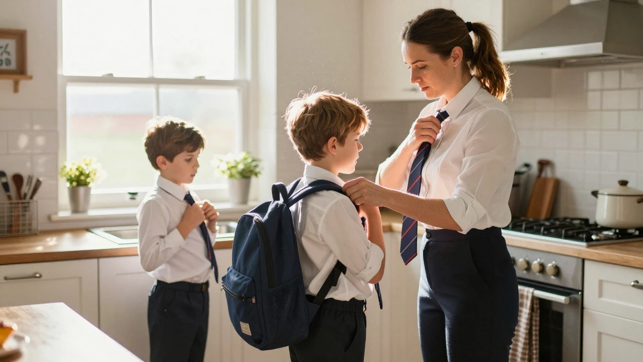Family prepares for school morning with uniforms in sunny kitchen.