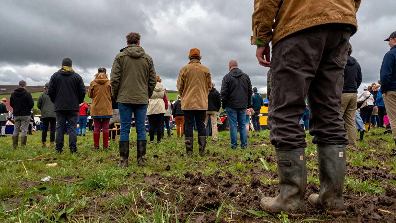 Festival crowd in muddy field wearing earth-toned durable clothing