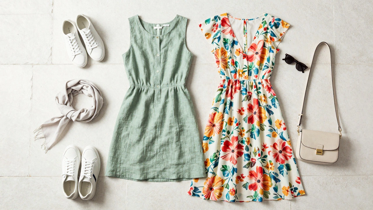Flat lay of linen and floral dresses with accessories for Irish summer