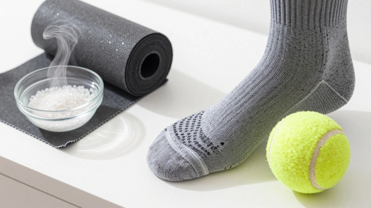 Foot care supplies including socks, mats, and tennis ball