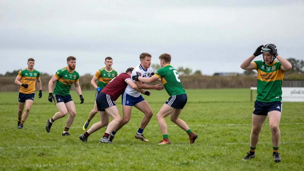 Gaelic football players in action wearing durable club jerseys on a green pitch