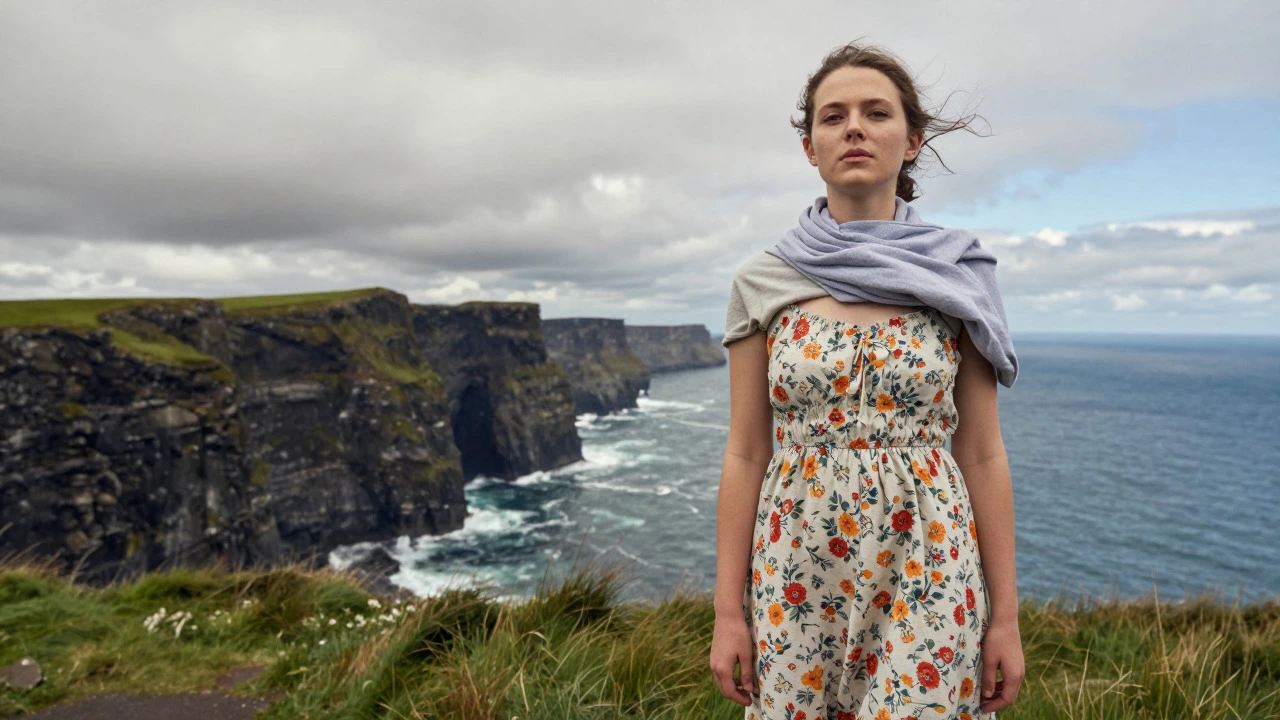 Hiker wearing sundress as windbreaker layer at Cliffs of Moher