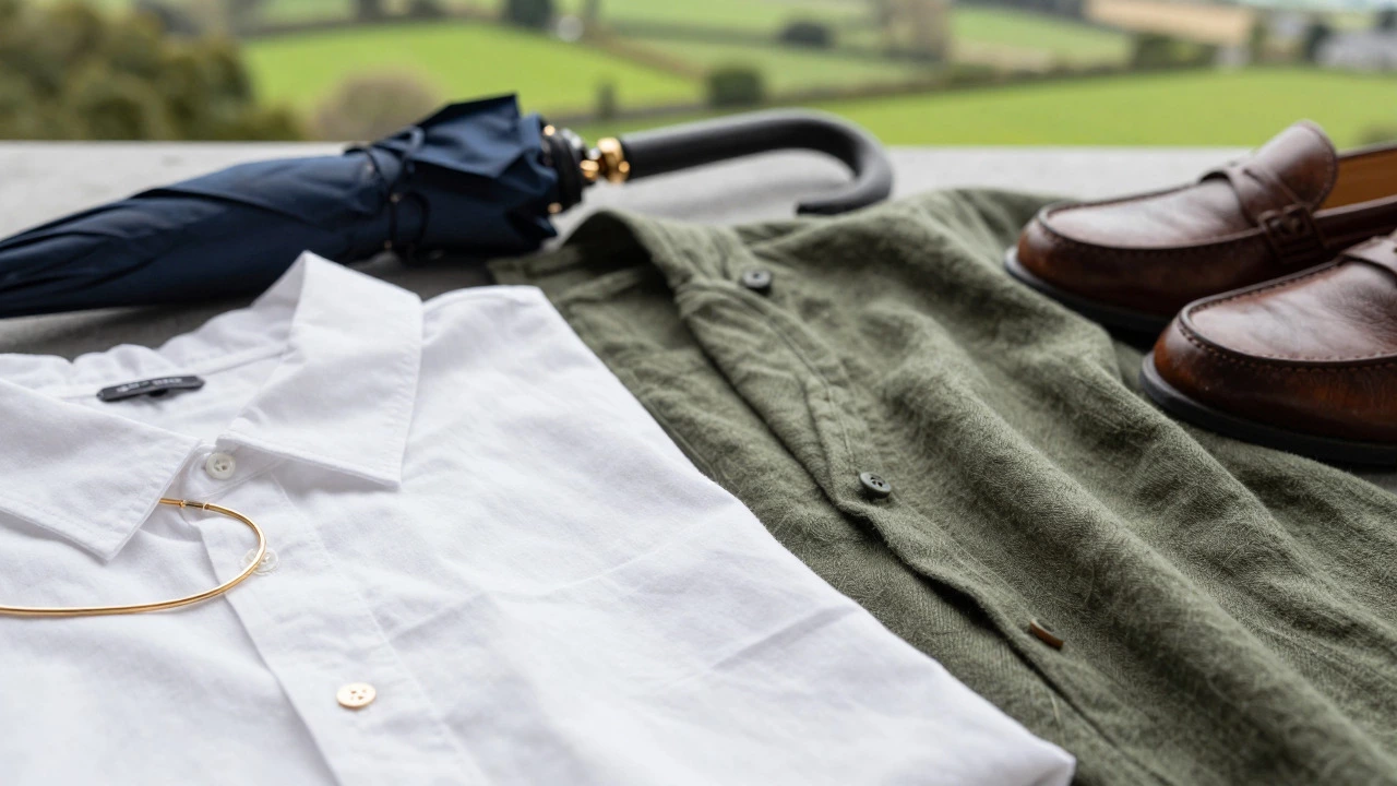 Linen, wool, and umbrella accessories on green background
