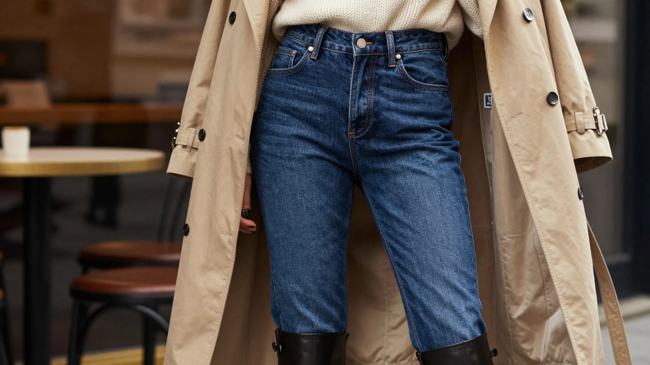 Model wearing updated tapered jeans and chunky boots in an urban setting