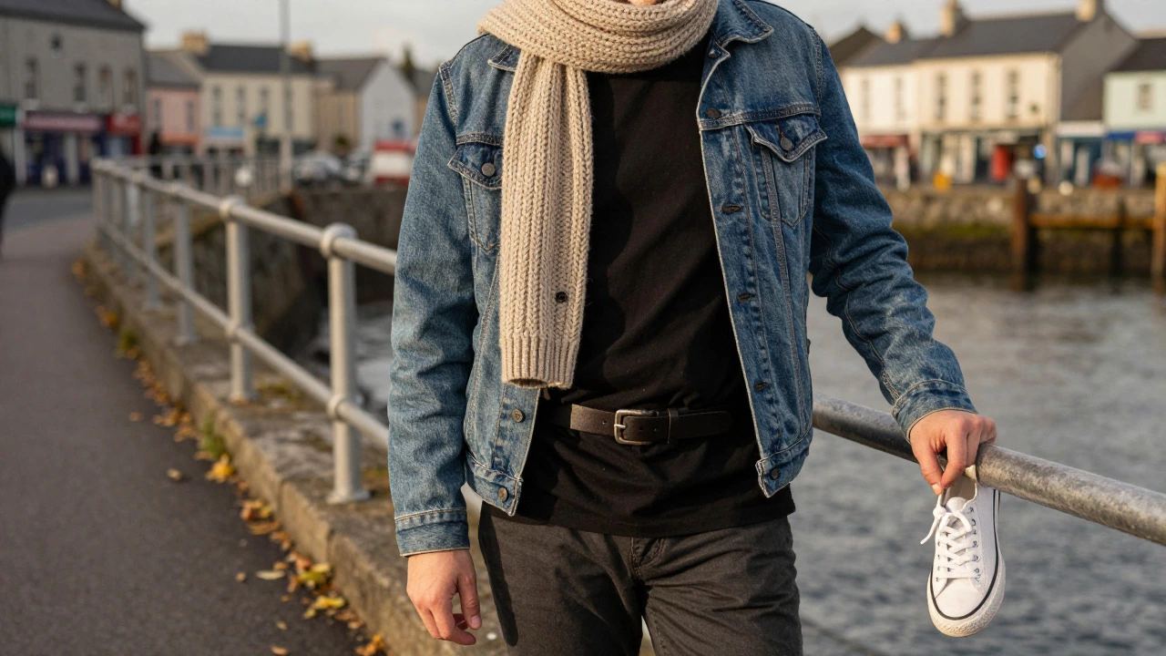 Person styling black boyfriend tee with denim jacket in Galway
